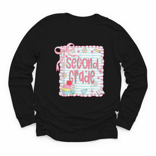 Girls Second Grade Coquette Bow Pink Preppy Back To School Youth Long Sleeve Tee - Savourry