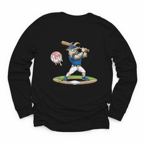 Goat Baseball Player With Bat And Ball Drip Animal Sports Youth Long Sleeve Tee - Sportilla
