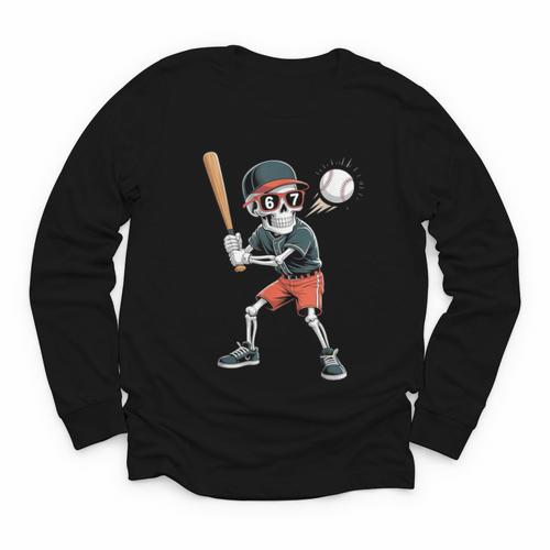 Halloween Skeleton Playing Baseball 67 Six Seven Meme Youth Long Sleeve Tee - Sportilla