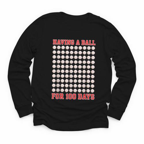 Having A Ball For 100 Days Of School 100th Baseball Youth Long Sleeve Tee - Sportilla