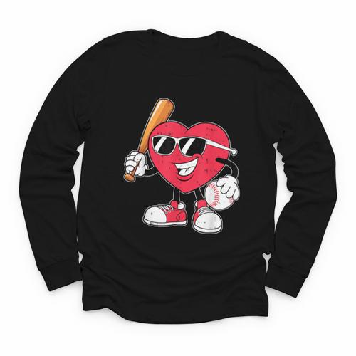 Heart Play Baseball Valentine's Day Teens Boys Girls Kids Youth Long Sleeve Tee - Sportilla
