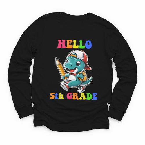 Hello 5th Grade Cute Dinosaur Back To School Boys Kids Girls Youth Long Sleeve Tee - Savourry