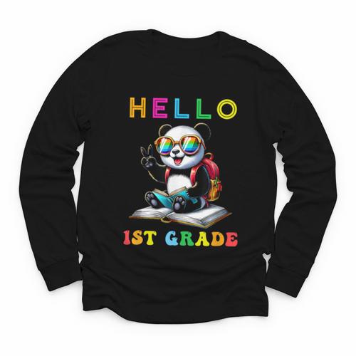 Hello First Grade Panda Lover Back To School Kids Boys Girls Youth Long Sleeve Tee - Savourry