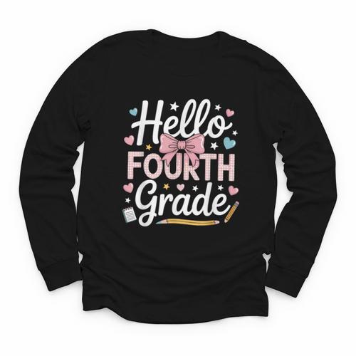 Hello Fourth Grade Back To School Girl Hearts Pink Bow Kids Youth Long Sleeve Tee - Savourry
