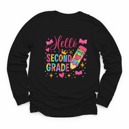 Hello Second Grade Colorful Pencil Tie Dye Back To School Youth Long Sleeve Tee - Savourry
