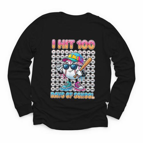 I Hit 100 Days Of School Baseball Ice Cram Drip 100th Boys Youth Long Sleeve Tee - Sportilla