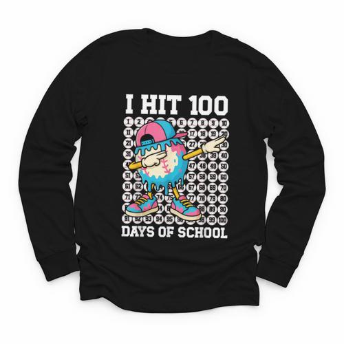 I Hit 100 Days Of School Baseball Ice Cream Drip Boys Girls Youth Long Sleeve Tee - Sportilla