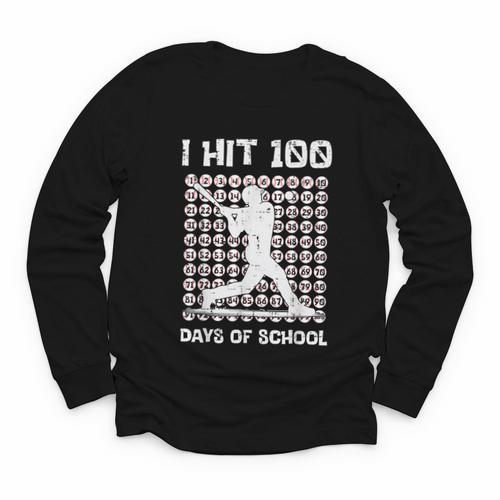 I Hit 100 Days Of School Baseball Player 100th Day Boys Kids Youth Long Sleeve Tee - Sportilla