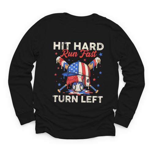 Hit Hard Run Fast Turn Left Baseball Cream Drip Crossed Bats Youth Long Sleeve Tee - Sportilla