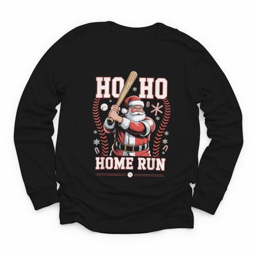 Ho Ho Home Run Baseball Christmas Holiday Sports Santa Youth Long Sleeve Tee - Sportilla