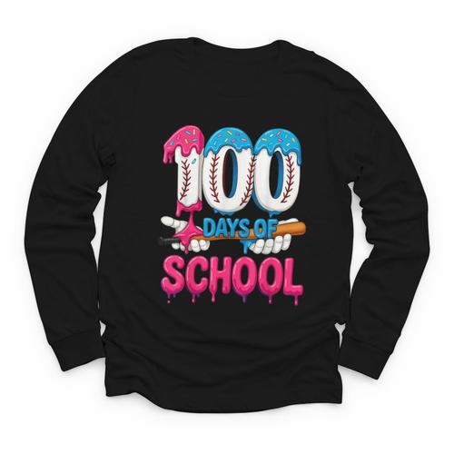 HUGvyn 100 Days Of School Baseball Ice Cream Teacher Student Youth Long Sleeve Tee - Sportilla