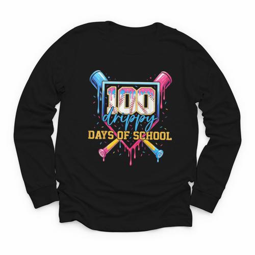 HUGvyn 100 Drippy Days Of School Baseball Ice Cream 100 Days Youth Long Sleeve Tee - Sportilla