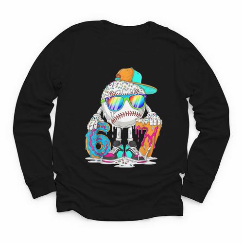 HUGvyn 6 7 Baseball Number Kid Drip Ice Cream Six Seven Meme Youth Long Sleeve Tee - Sportilla