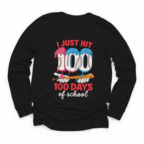 HUGvyn I Just Hit 100 Days Of School Baseball Ice Cream Boys Youth Long Sleeve Tee - Sportilla