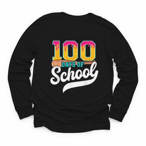 Ice Cream Drip 100 Days Of School Baseball Boys 100th Day Youth Long Sleeve Tee - Sportilla