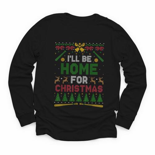 I’Ll Be Home For Christmas Baseball Ugly Sweater Youth Long Sleeve Tee - Sportilla
