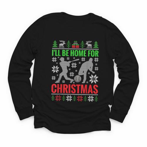 I'Ll Be Home For Christmas Baseball Xmas Youth Long Sleeve Tee - Sportilla