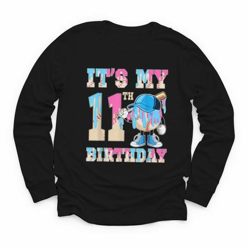 It's My 11th Birthday Baseball Ice Cream Drip Theme Youth Long Sleeve Tee - Sportilla