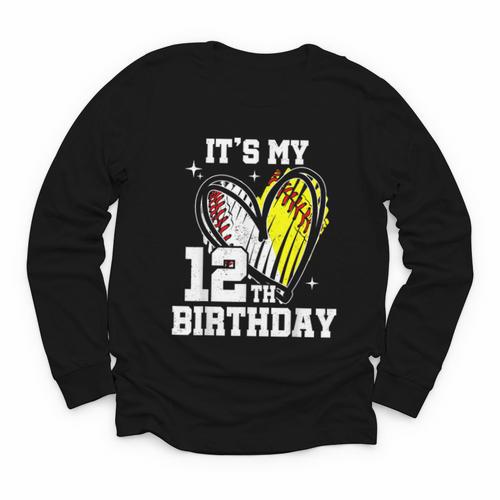 It's My 12th Birthday Baseball Softball Heart 12 Year Old Youth Long Sleeve Tee - Sportilla