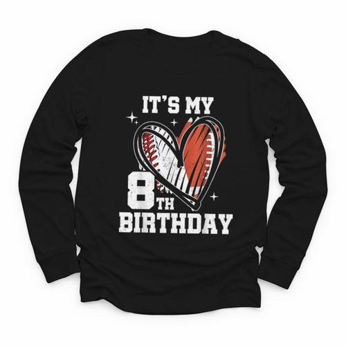 It's My 8th Birthday Baseball Football Heart 8 Year Old Youth Long Sleeve Tee - Sportilla