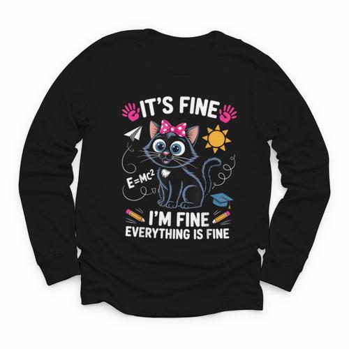 It's Fine I'm Fine Everything Is Fine Cat Back To School Youth Long Sleeve Tee - Savourry