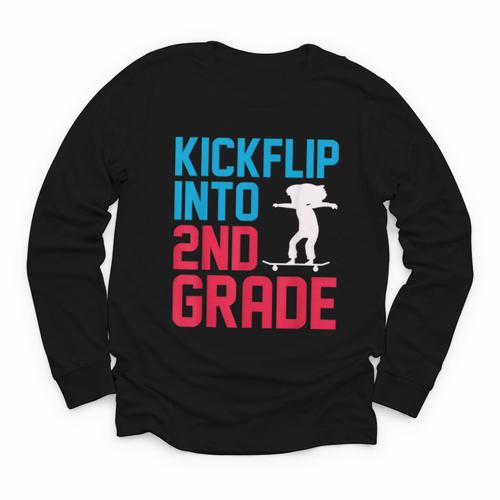 Kickflip Into 2nd Grade Skateboard Lover Back To School Youth Long Sleeve Tee - Savourry