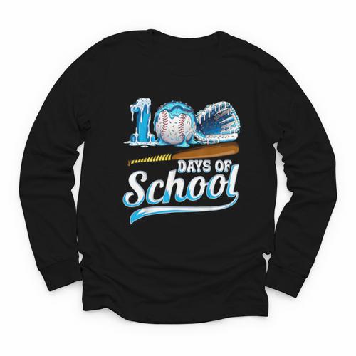 Kid 100 Days Of School Drip Baseball Ice Cream 100th Day Boy Youth Long Sleeve Tee - Sportilla