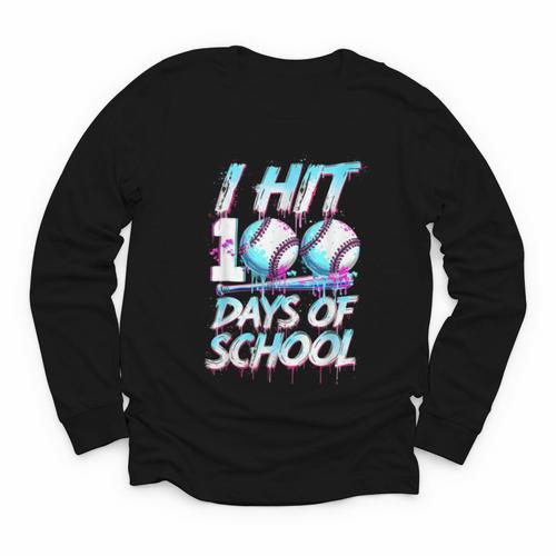 Kids 100 Days Of School 100th Day Baseball Ice Cream Drip Youth Long Sleeve Tee - Sportilla