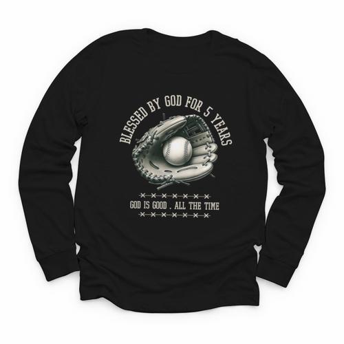 Kids Blessed By God For 5 Years Old Baseball 5th Birthday Youth Long Sleeve Tee - Sportilla