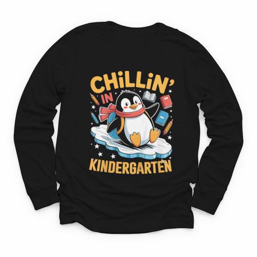 Kids Chillin In Kindergarten Penguin Student Back To School Boys Youth Long Sleeve Tee - Savourry