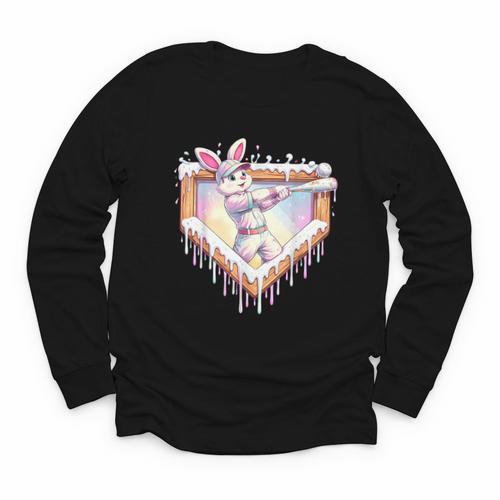 Kids Happy Easter Bunny Playing Baseball Boy Ice Cream Drip Youth Long Sleeve Tee - Sportilla