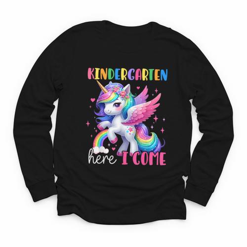 Kindergarten Here I Come Unicorn Girls Kids Back To School Youth Long Sleeve Tee - Savourry