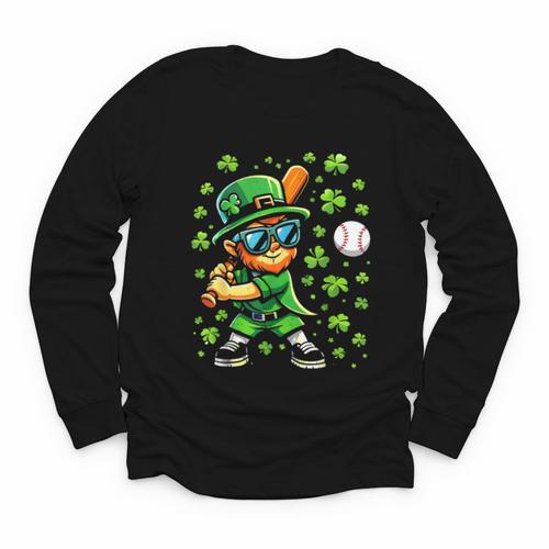 Leprechaun Playing Baseball Happy St Patricks Day Men Boys Youth Long Sleeve Tee - Sportilla