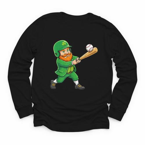 Leprechaun Playing Baseball St Patricks Day Men Boys Kids Youth Long Sleeve Tee - Sportilla