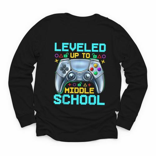 Leveled Up To Middle School Video Gamer Back To School Boys Youth Long Sleeve Tee - Savourry