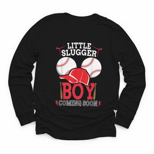 Little Slugger Boy Coming Soon Baby Announcement Baseball Youth Long Sleeve Tee - Sportilla