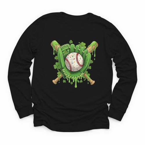Lucky Shamrock Baseball Gloves Drip St Patrick's Day Boys Youth Long Sleeve Tee - Sportilla