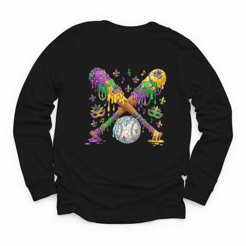 Mardi Gras Baseball Drip Shirt Cool Dripping Baseball Drip Youth Long Sleeve Tee - Sportilla