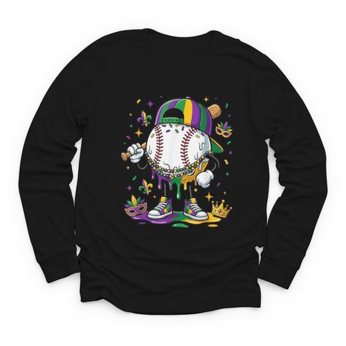 Mardi Gras Ice Cream Drip Baseball Carnival Party Mask Boys Youth Long Sleeve Tee - Sportilla