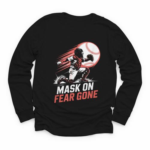 Mask On Fear Gone Baseball Catcher Softball Youth Long Sleeve Tee - Sportilla