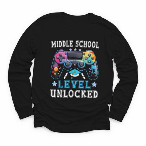 Middle School Level Unlocked Gamer First Day Back To School Youth Long Sleeve Tee - Savourry