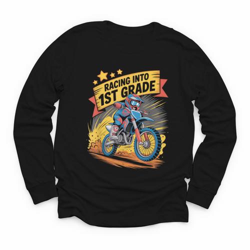 Motocross Dirt Bike Back To School Racing Into 1st Grade Youth Long Sleeve Tee - Savourry