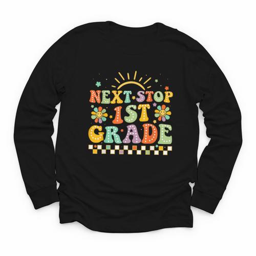 Next Stop 1st Grade Groovy Retro First Grade Back To School Youth Long Sleeve Tee - Savourry