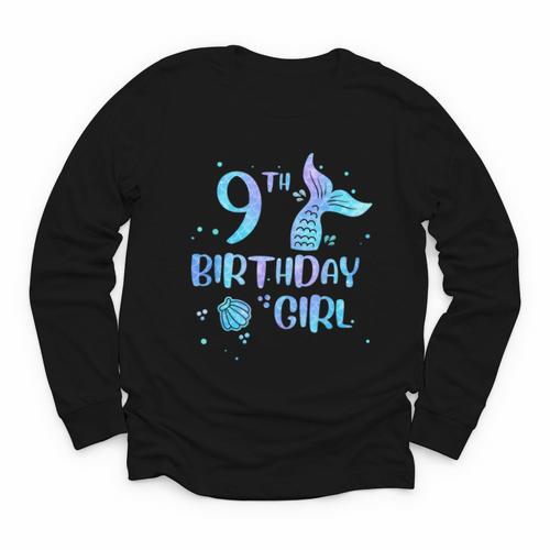 Ninth Birthday Girl Mermaid 9th Toddler's Back To School Youth Long Sleeve Tee - Savourry