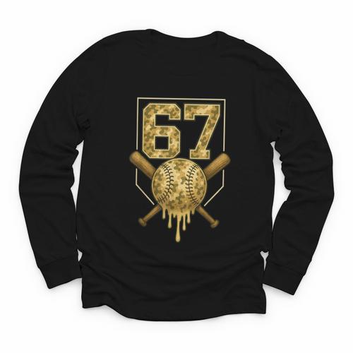 Number 67 Baseball Drip Camo Six Seven Meme Boys Kids Youth Long Sleeve Tee - Sportilla