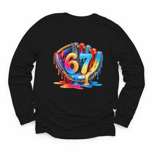 Number 67 Baseball Glove Ice Cream Drip Six Seven Meme Youth Long Sleeve Tee - Sportilla