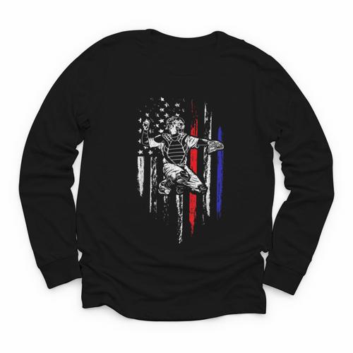 Patriotic Baseball Catcher American Flag Sports Tee Youth Long Sleeve Tee - Sportilla