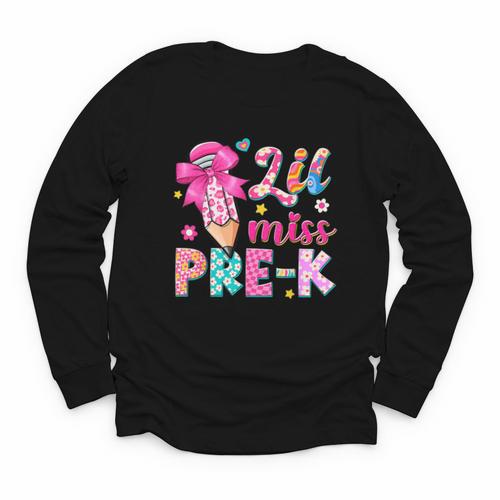 Pencil Bow Lil Miss Pre-K Pre-K Back To School Youth Long Sleeve Tee - Savourry