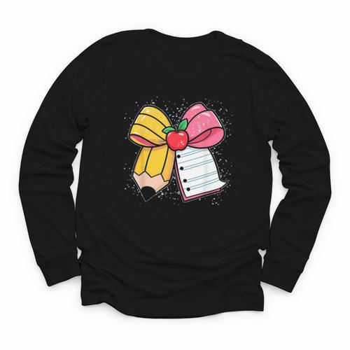 Pencil Coquette Bow Happy First Day Of School Back To School Youth Long Sleeve Tee - Savourry