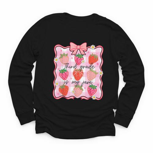 Preppy Back To School 3rd Grade Is My Jam Strawberry Bow Youth Long Sleeve Tee - Savourry
